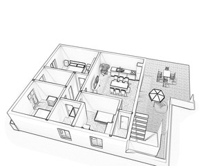 Concept sketch 3d floor plan illustration