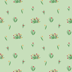 Seamless vector pattern with small compositions of bright red and yellow flowers, tulip objects isolated on a light green background.