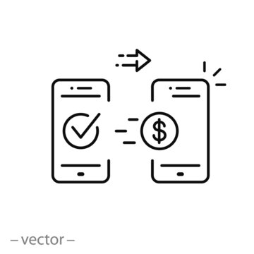 transfer money with phone icon, online payment, wireless pay with mobile phone, transaction concept, thin line symbol on white background - editable stroke vector illustration eps10