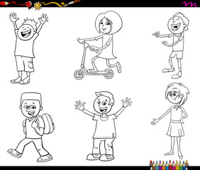 cartoon children characters coloring book page