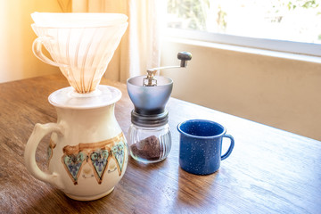 home coffee equipment on a wooden bench