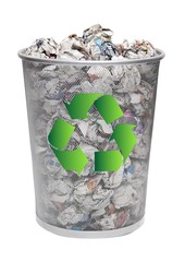 Recycling bin full of crumpled papers over white background