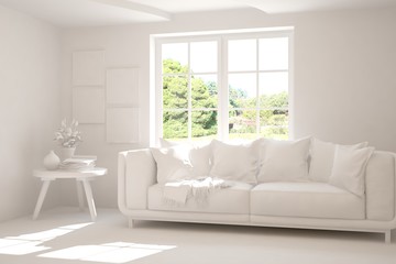 Mock up of stylish room in white color with sofa and green landscape in window. Scandinavian interior design. 3D illustration