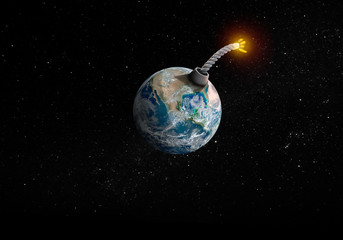 Space view of Earth changed into bomb with lit fuse, about to explode.