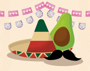 Mexican hat and avocado with banner pennant vector design