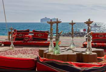 United Arab Emirates. Abu Dhabi. Hookah bar on Sir Bani Yas island sea beach