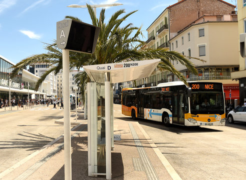 Cannes, France - June 21, 2019: Bus stop near the Gare de Cannes the main railway station.