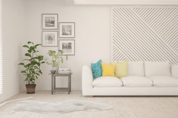 Stylish room in white color with sofa. Scandinavian interior design. 3D illustration