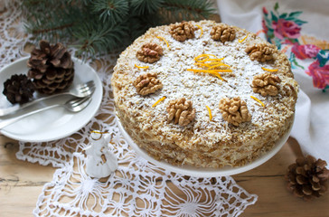 Walnut cake Julfa, a traditional Christmas dessert in Romania and Moldova. Rustic style.