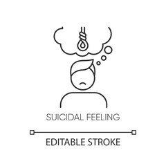 Suicidal feeling linear icon. Depressive thoughts. Hang attempt. Death attempt prevention. Mental health. Thin line illustration. Contour symbol. Vector isolated outline drawing. Editable stroke