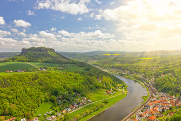 Fototapeta na wymiar Saxon Switzerland, Germany. Elba river rural landscape.