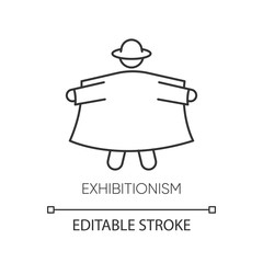 Exhibitionism linear icon. Pervert in open coat. Deviation and perversion. Paraphilia. Mental disorder. Thin line illustration. Contour symbol. Vector isolated outline drawing. Editable stroke