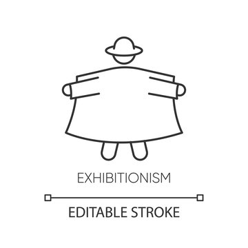 Exhibitionism linear icon. Pervert in open coat. Deviation and perversion. Paraphilia. Mental disorder. Thin line illustration. Contour symbol. Vector isolated outline drawing. Editable stroke