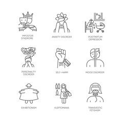 Mental disorder linear icons set. Impostor. Anxiety, depression. Self-harm. Exhibitionism. Kleptomania. Fetishism. Thin line contour symbols. Isolated vector outline illustrations. Editable stroke