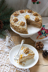 Walnut cake Julfa, a traditional Christmas dessert in Romania and Moldova. Rustic style.