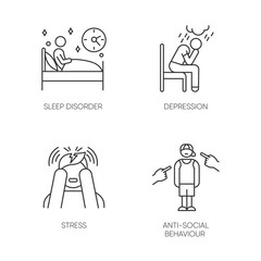 Mental disorder linear icons set. Sleep deprivation. Depression and anxiety. Stress. Anti-social behaviour. Migraine. Thin line contour symbols. Isolated vector outline illustrations. Editable stroke