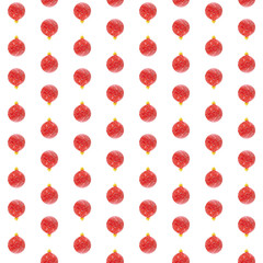 Christmas decoration watercolor seamless pattern. Red ornamental balls on white background. Christmas background for textile, paper, cards, posters and other