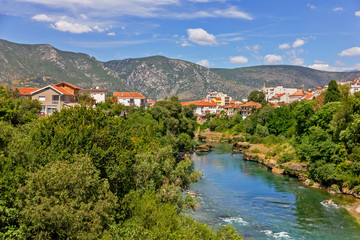 Fototapeta na wymiar Bosnia and Herzegovina, Mostar town panoramic river view.