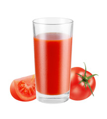 Glass of fresh healthy red juice with tomatoes isolated on white background, with clipping path