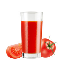 Glass of fresh healthy red juice with tomatoes isolated on white background, with clipping path
