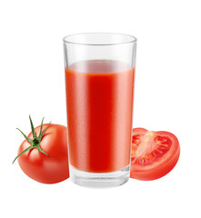 Glass of fresh healthy red juice with tomatoes isolated on white background, with clipping path