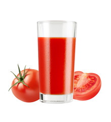 Glass of fresh healthy red juice with tomatoes isolated on white background, with clipping path
