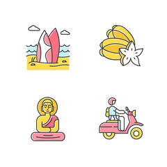 Indonesia color icons set. Tropical country seaside. Vacation in Indonesian islands. Exploring exotic traditions, culture. Unique fruits. Bali sightseeing and culture. Isolated vector illustrations