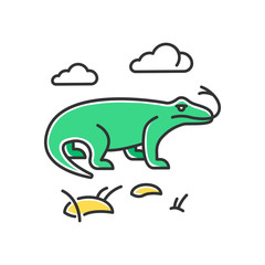 Komodo dragon green color icon. Tropical country animals. Indonesian islands fauna. Exploring exotic wildlife. Varans in nature. Largest extant lizard. Isolated vector illustration