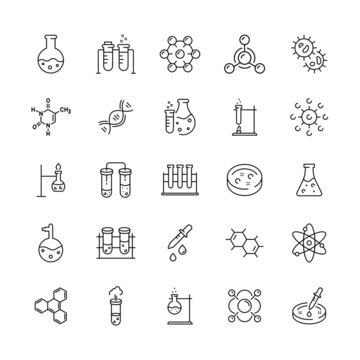 Laboratory chemistry thin line icon set. Vector science and scientific related equipment outline signs, biology chemical research collection, lab and experiment icons