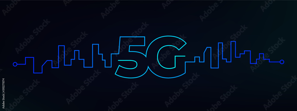 Poster futuristic 5g mobile network technology background. vector wireless broadcast with building silhouet