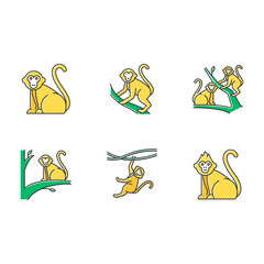 Monkeys in wild color icons set. Tropical country animal, mammal on trees. Exploring exotic Indonesian wildlife. Primate sitting. Visiting Balinese forest fauna. Isolated vector illustrations