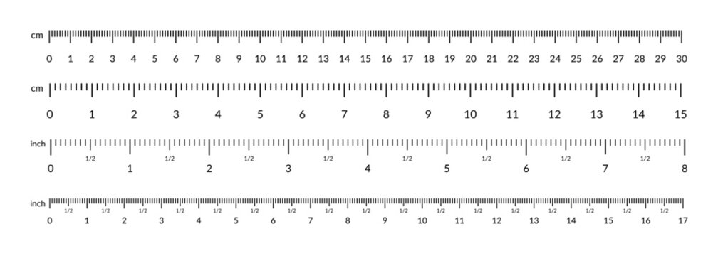 Inch cm metric ruler set. Vector centimeters and inches measuring scale simple markup. Precision measure chart with metrics indicator and size indication ruler tools