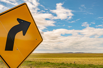 Yellow right turn signal, a black arrow with a green field in the background and a blue sky with...