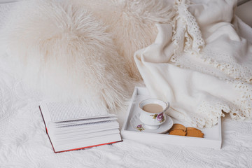 House decor with fluffy pillows, books, coffee and cookies