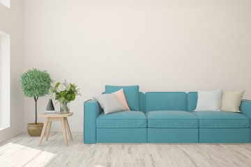 Stylish room in white color with blue sofa. Scandinavian interior design. 3D illustration