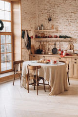 Vintage kitchen interior with panoramic windows.