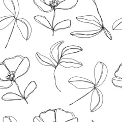 Abstract trendy seamless pattern with silhouettes of flowers and leaves in one line style. Mono line minimalistic style. Simple design illustration of different floral elements. 
