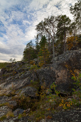 landscape with trees, rocks and clouds