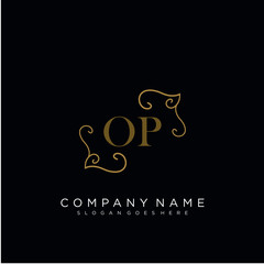 Initial letter OP logo luxury vector mark, gold color elegant classical 