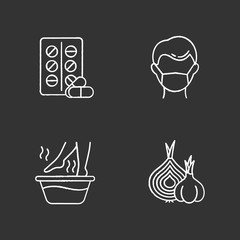 Common cold chalk icons set. Pills and medication. Protection mask. Hot foot tub. Onion and garlic. Healthcare. Influenza virus cure and aid. Flu precaution. Isolated vector chalkboard illustrations
