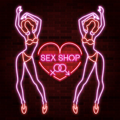 Sex shop banner advertisement with neon silhouette of sexy girl figure, woman silhouette, vector illustration