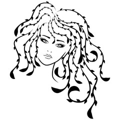 Beautiful lady with stylish luxurious floral hair and with distinctive eyes and lips, vector as hair care
