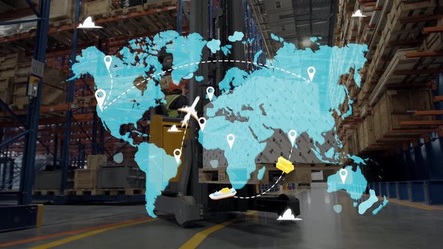 e-Logistics international delivery concept, World map with logistic network distribution on background, cargo ships delivery containers in port stock. background for Concept of fast or instant