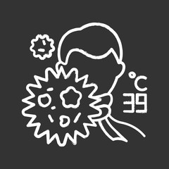 Influenza virus chalk icon. High temperature. Man with fever. Common cold. Healthcare. Flu infection. Grippe sickness. Illness symptom. Microbe outbreak. Isolated vector chalkboard illustration