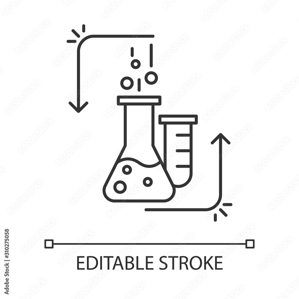 Poster chemical reaction in lab flask linear icon. organic chemistry. conducting experiment. laboratory wor