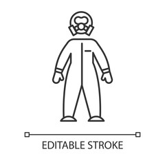 Protective suit linear icon. Chemical industries. Biohazard protection. Safety of worker. Organic chemistry. Thin line illustration. Contour symbol. Vector isolated outline drawing. Editable stroke