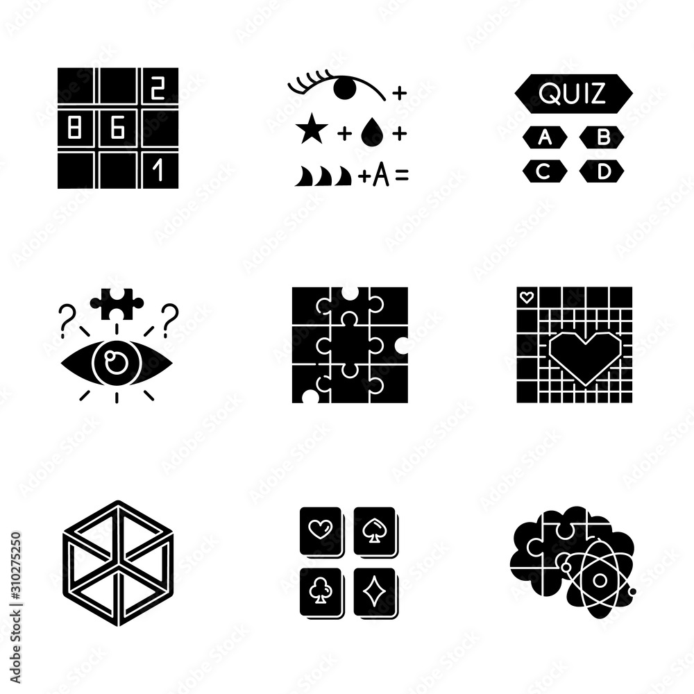 Poster puzzles and riddles glyph icons set. sudoku. trivia quiz. nonogram. optical illusion. jigsaw. logic 