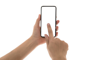 Obraz na płótnie Canvas Smartphone in female hands taking photo isolated on white blackground