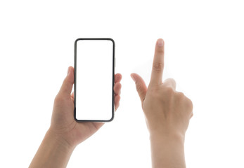 Obraz na płótnie Canvas close up hand hold phone isolated on white, mock-up smartphone white color blank screen