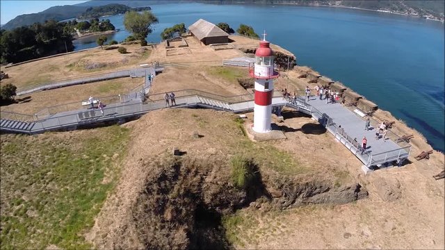 Drone aerial view of fort and beach at Valdivia Province in Chile